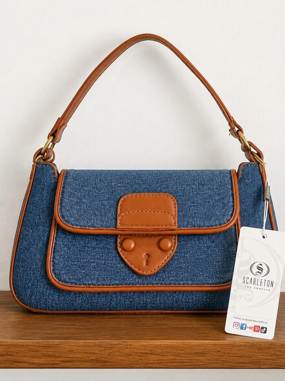 Blue Denim Shoulder Bag with Brown Trim With Detachable Crossbody Strap